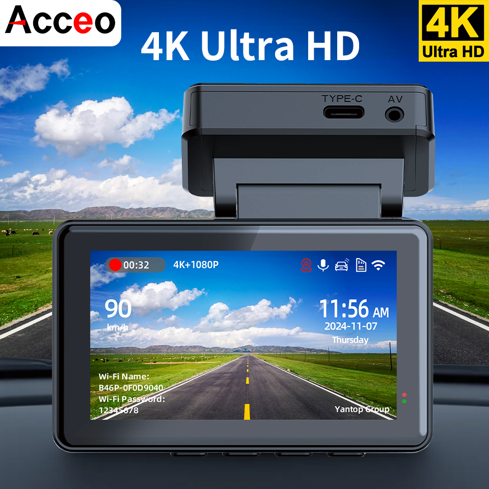 Acceo 4K ダッシュカム ミニカー DVR サポート 1080P リアカメラ ナイトビジョン WiFi 24H パーキングモニター デュアルカメラ車両レコーダー