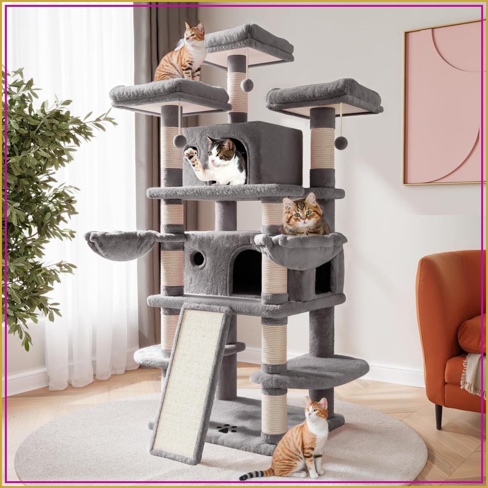 大型猫用68インチ大型キャットツリー、コンドミニアム付きマルチレベルタワー、爪とぎポスト、ハンモック、グレー