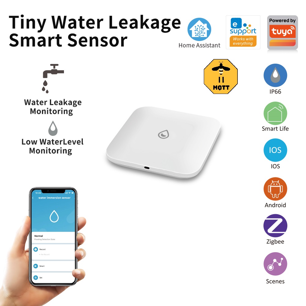 Tiny Water Leakage Smart Sensor ZigBee Smart Leakage Detector Alarm Supports Tuya/Home Assistant/eWeLink for Smart Home Security