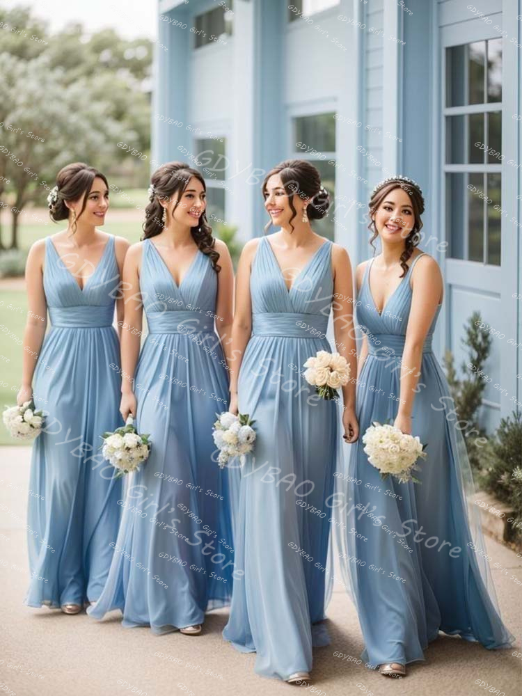 シフォンプリーツブライズメイドドレス女性ダブル V ネック結婚式のゲストのフロックカスタマイズされた A ラインウエディングドレス床の長さのイブニングドレス