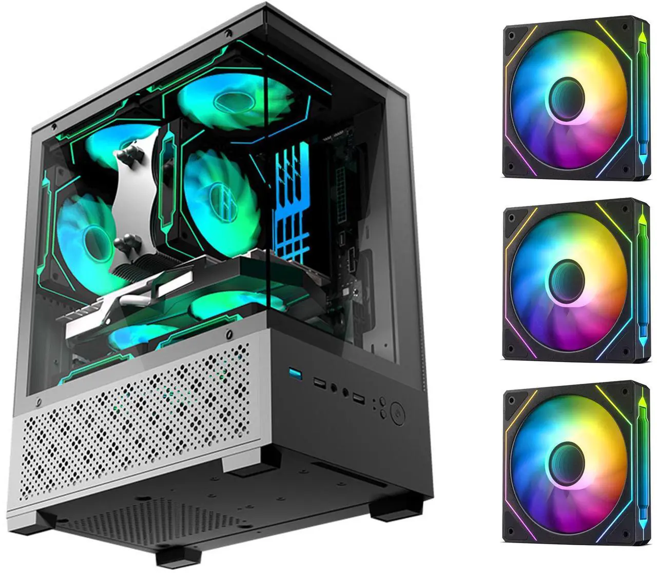 マイクロ ATX ケース、3 X 120mm 3 ピン ARGB ファン搭載の MATX PC ケース、パノラマビュー強化ガラス前面
