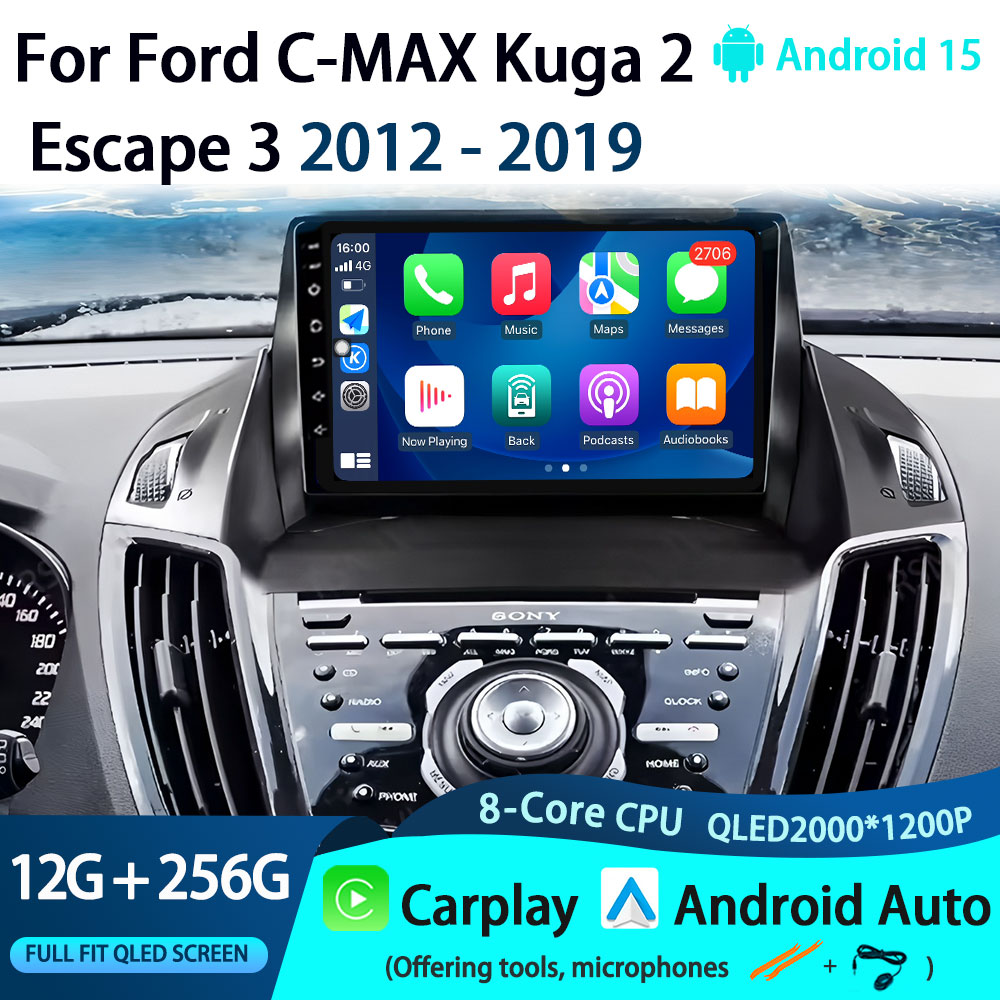 アンドロイド 15 ヘッドユニット QLED ラジオフォード C-MAX 久我 2 エスケープ 3 2012 - 2019 アンドロイド自動マルチメディアプレーヤー GPS ナビゲーション Carplay