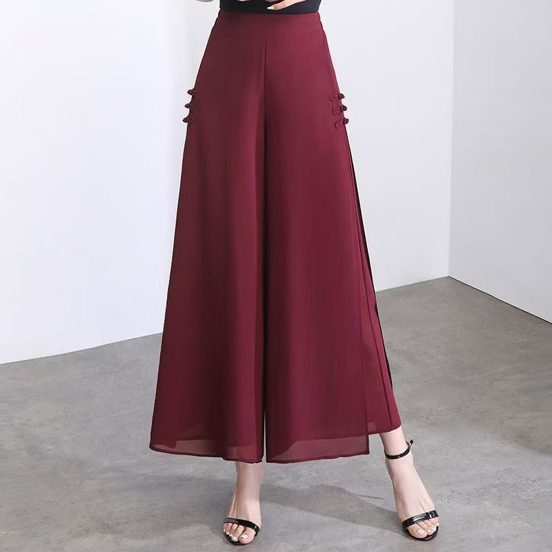 ハイウエストワイドレッグパンツ女性用非対称中国風スプリットスカートパンツシフォン9点ルーズフィットカジュアルパンツ