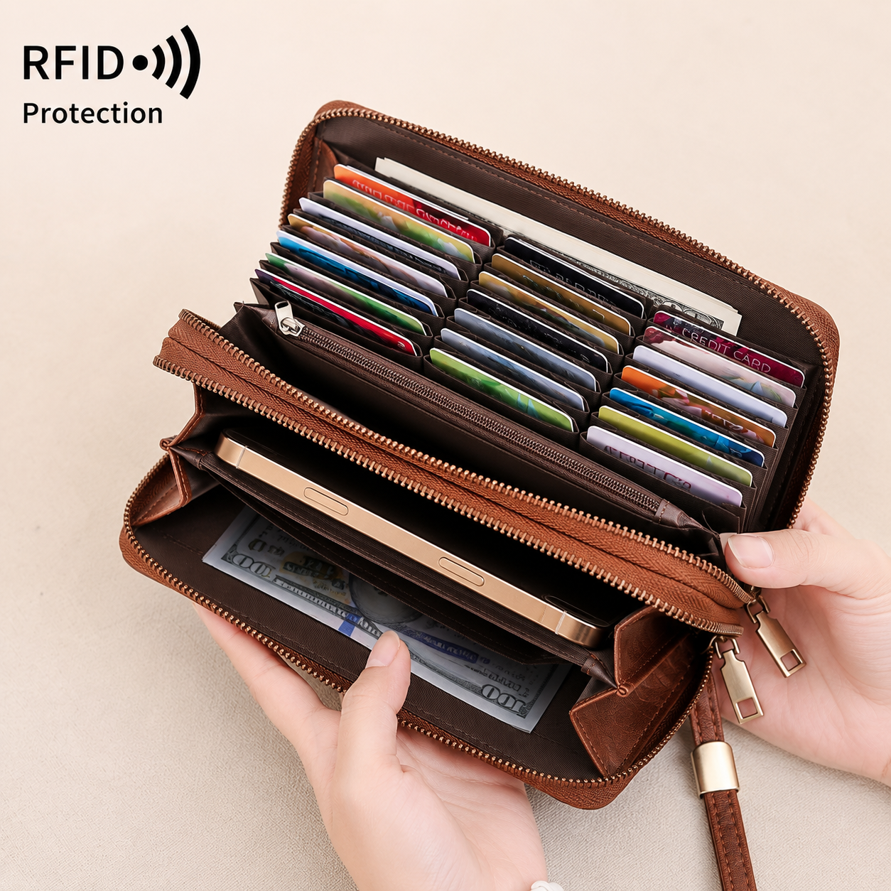 RFID ブロッキング長財布女性ダブルジッパーリストレット財布大容量カードホルダー電話パスポート財布
