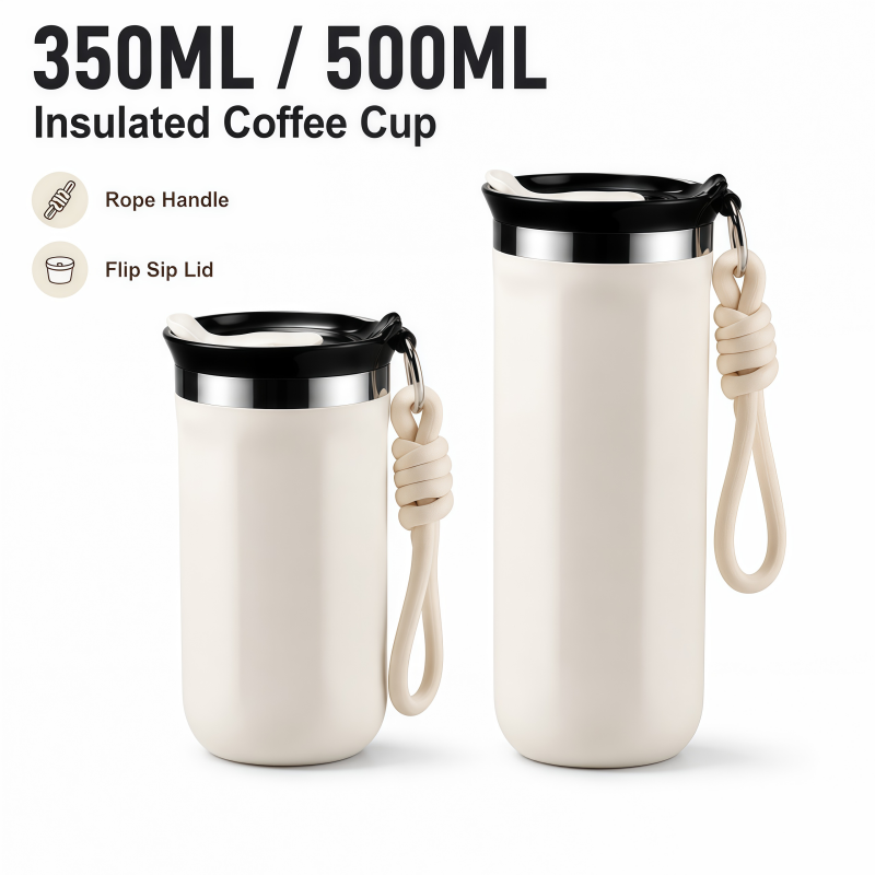 350 ミリリットル 500 ミリリットル断熱コーヒータンブラーステンレス鋼トラベルマグ蓋ロープハンドル付きポータブルサーマルカップ車のオフィス用