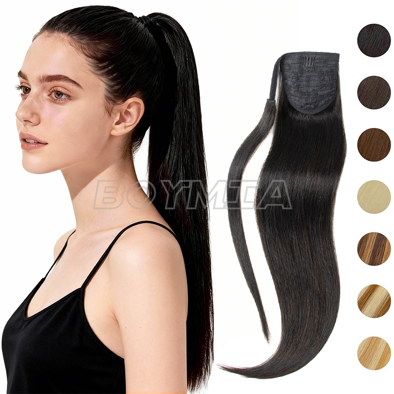 BOYMIA ポニーテール 本物の人毛ラップアラウンドクリップポニーテールヘアエクステンションストレートエクステンション人毛女性用 14-24 インチ