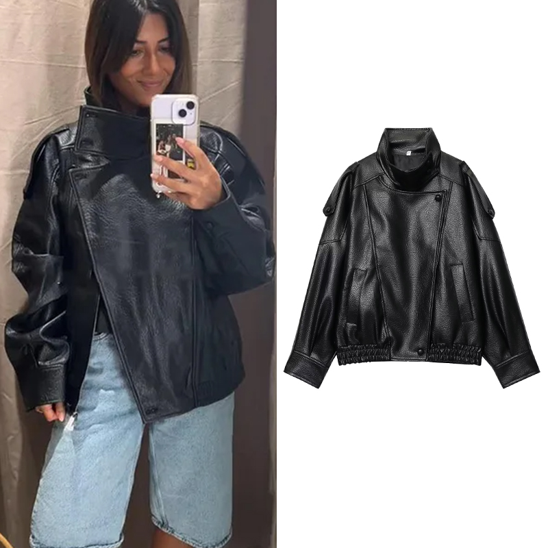 TFMLN シックな黒のフェイクレザージャケット女性長袖ボタン弾性特大コートファッション 2025 秋冬ストリート