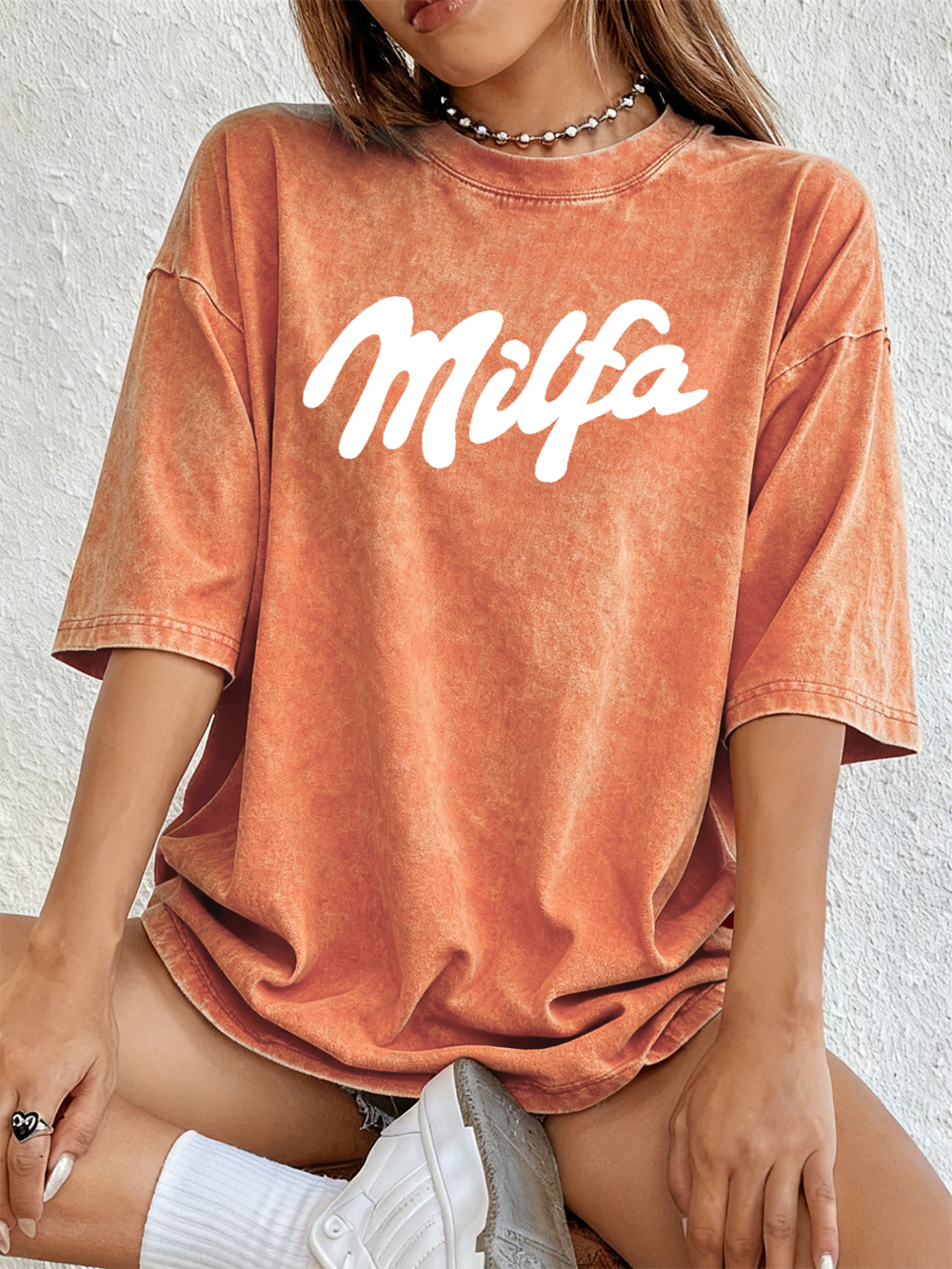 ミルファパープルアートレター印刷ウォッシュ Tシャツレディースコットン半袖トップスストリート O ネックオーバーサイズ Tシャツ夏服