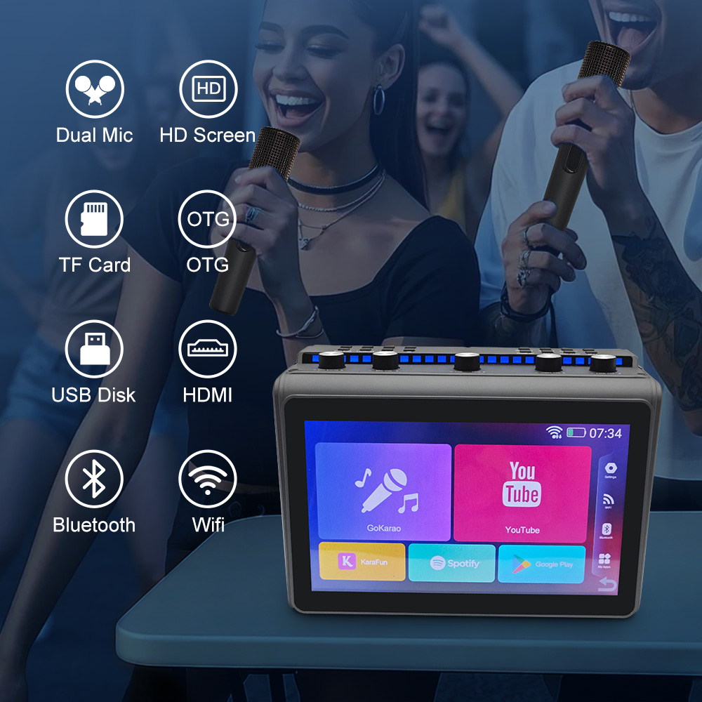 ポータブルカラオケスピーカーワイヤレスマイク付きRGBカラオケマシンHDスクリーンHIFIサラウンドサウンド低音Bluetoothスピーカー6000mAh