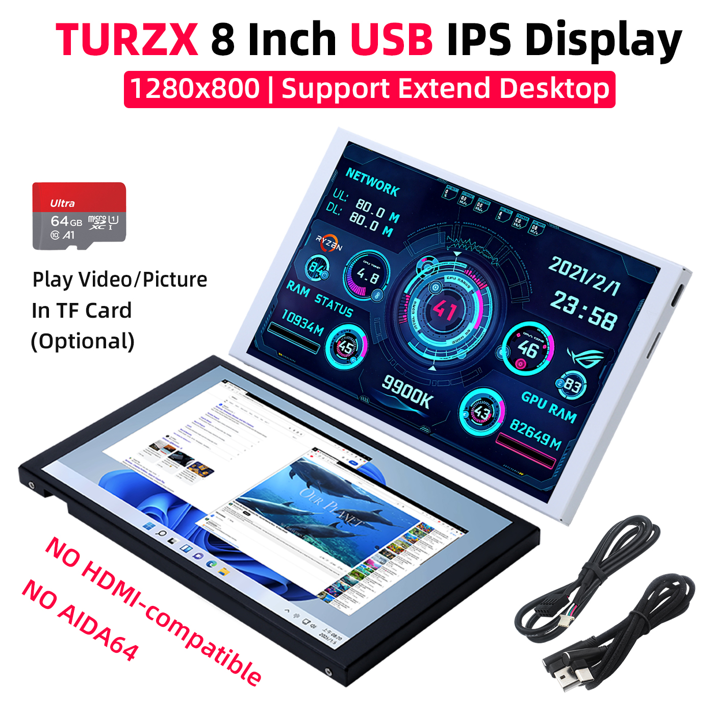 TURZX 8 インチ USB スクリーン 1280x800 IPS LCD サポート拡張デスクトップモード TF カード経由自動再生 CPU GPU RAM モニター AIDA64 なし