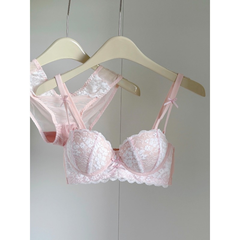 Sexy French Pink Lace Lingerie Set Women Push Up Bra No Underwire Adds 2 Cups Push Up Bra Small Bust Gather Lift Dual Support