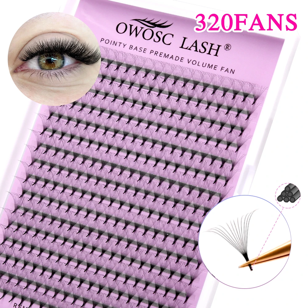 OWOSC とんがりベース既成ボリュームファンまつげエクステンション 3D/6D/8D/10D/12D/14D 個別シャープとがったステム 320 ファンカスタムロゴ
