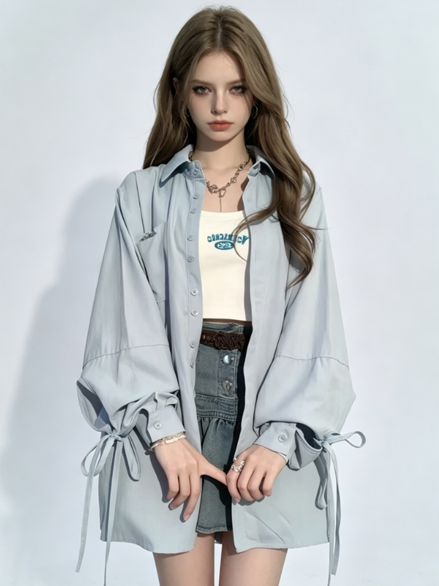 Women's Blue Long Sleeve Blouses and Shirts Y2k Gyaru Thin Casual Tie Oversize Shirt Coat Sun Protection Blouse for Women Summer
