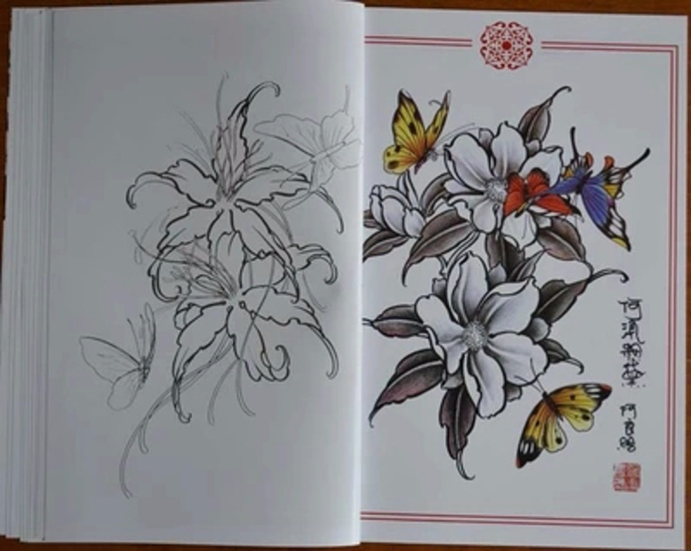 タトゥーブック蝶愛花タトゥー花美しいタトゥーブックローズタトゥーブック牡丹柄刺繍ステンシル
