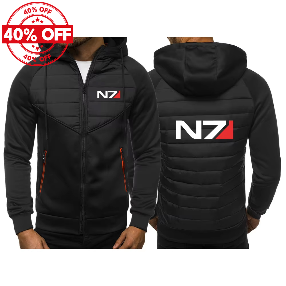 2025 マスエフェクト N7 ロゴパッチワークファッショントップスカジュアルコート春秋男のハイストリート人気のジャケットプリントトレンディなパーカー