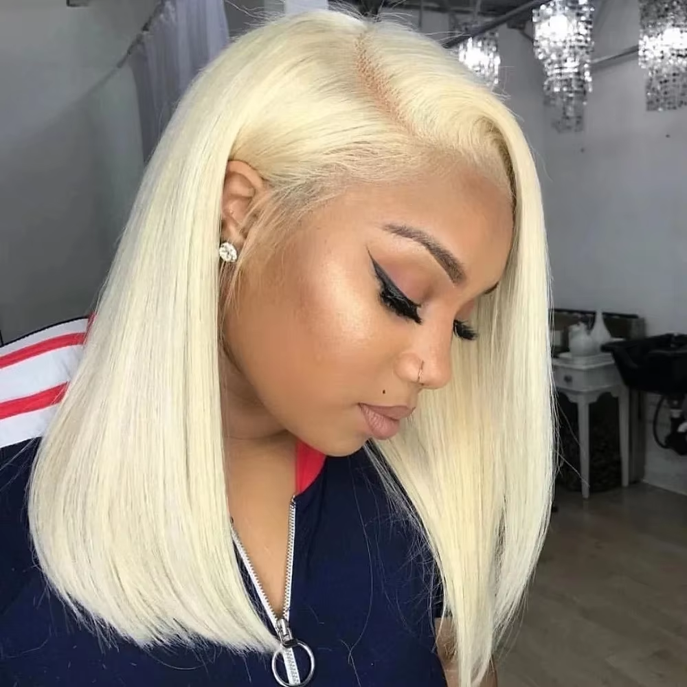 7 × 6 13 × 6 レースブロンドショートボブウィッグソフトブラジル骨ストレートヘア事前漂白ヘアラインナチュラルレースフロントウィッグ女性のための