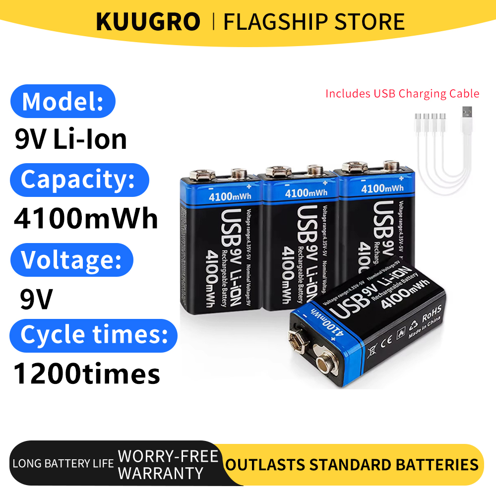 Kuugro USB 9V 充電式バッテリー 4100mWh タイプ C 充電式 6F22 9V リチウムイオンバッテリー RC ヘリコプターモデルマルチメーターおもちゃ用