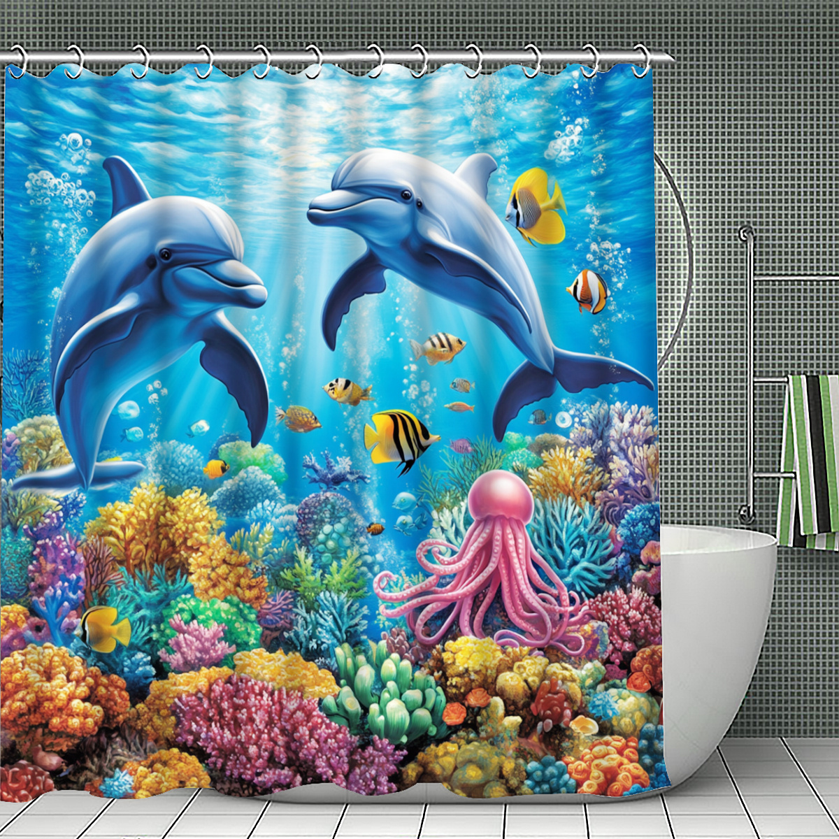 シャワーカーテン イルカ 海洋生物 シャワーカーテン ポリエステル バスルームカーテン フック付き マルチサイズ 防水 洗濯機洗い可能 海 海の動物 沿岸 バスルーム装飾 ホームバスルームアクセサリー 誕生