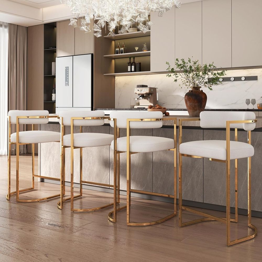 ホワイトシェニール布張りバースツール4個セット、ゴールドメタルベースとフットレスト付き、キッチンアイランドダイニング用