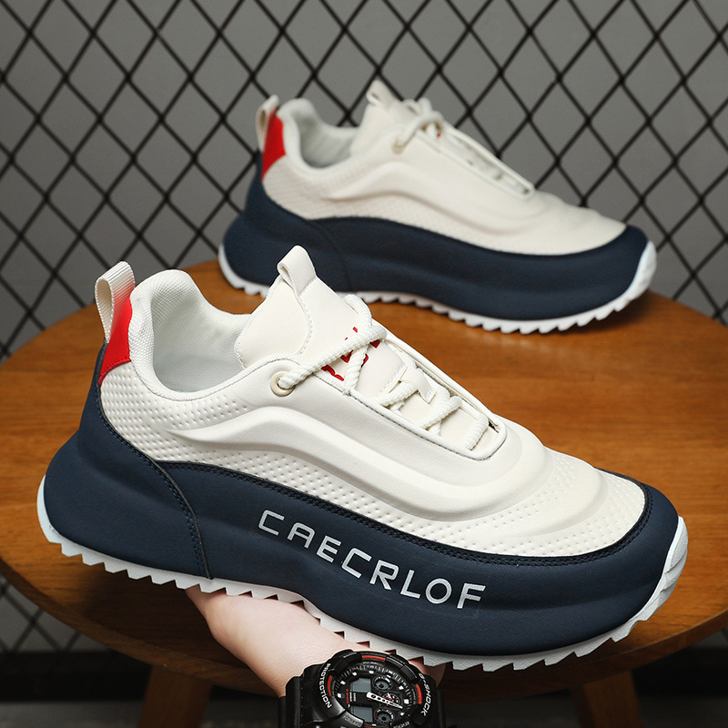 Men'S White And Navy Blue Chunky Sneakers With Red Accents Slip On Platform Casual Shoes Lightweight Athletic Trainers For Daily