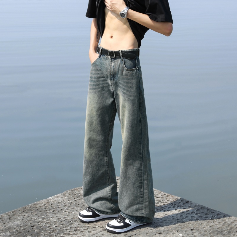 夏のメンズデニムパンツオールドブルーウォッシュ男性ジーンズストレートカジュアル紳士服ルーズワイドレッグデニムパンツアメリカンストリート