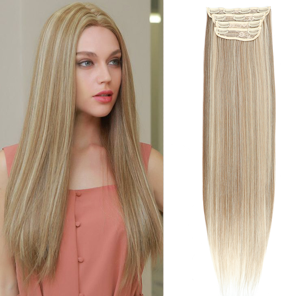 合成クリップヘアエクステンション 200 グラム 24 インチストレートオレンジブラウンブロンド熱温度ファイバー 4 個クリップインヘアピース