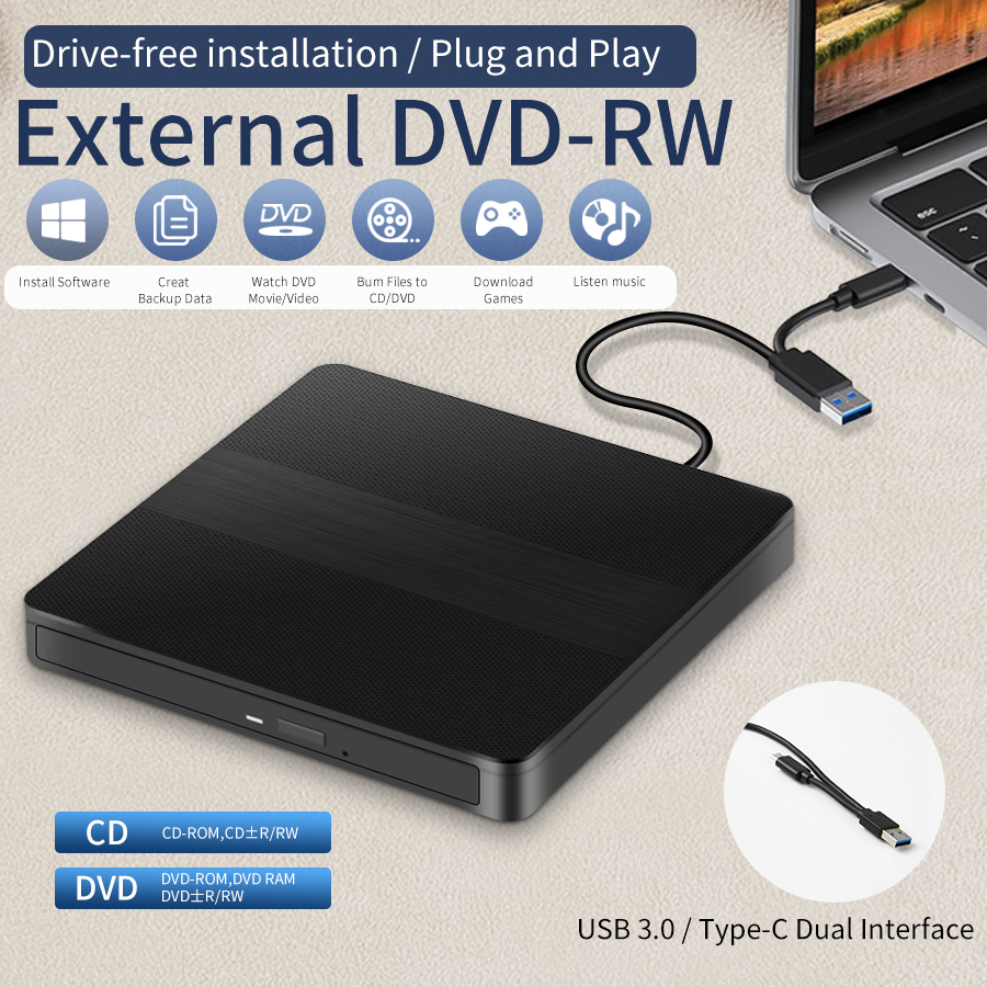 2 in 1 USB 3.0 タイプ C 外部 DVD RW CD ライタースリムドライブバーナーリーダープレーヤー光学ドライブラップトップ PC ポータブル DVD バーナー