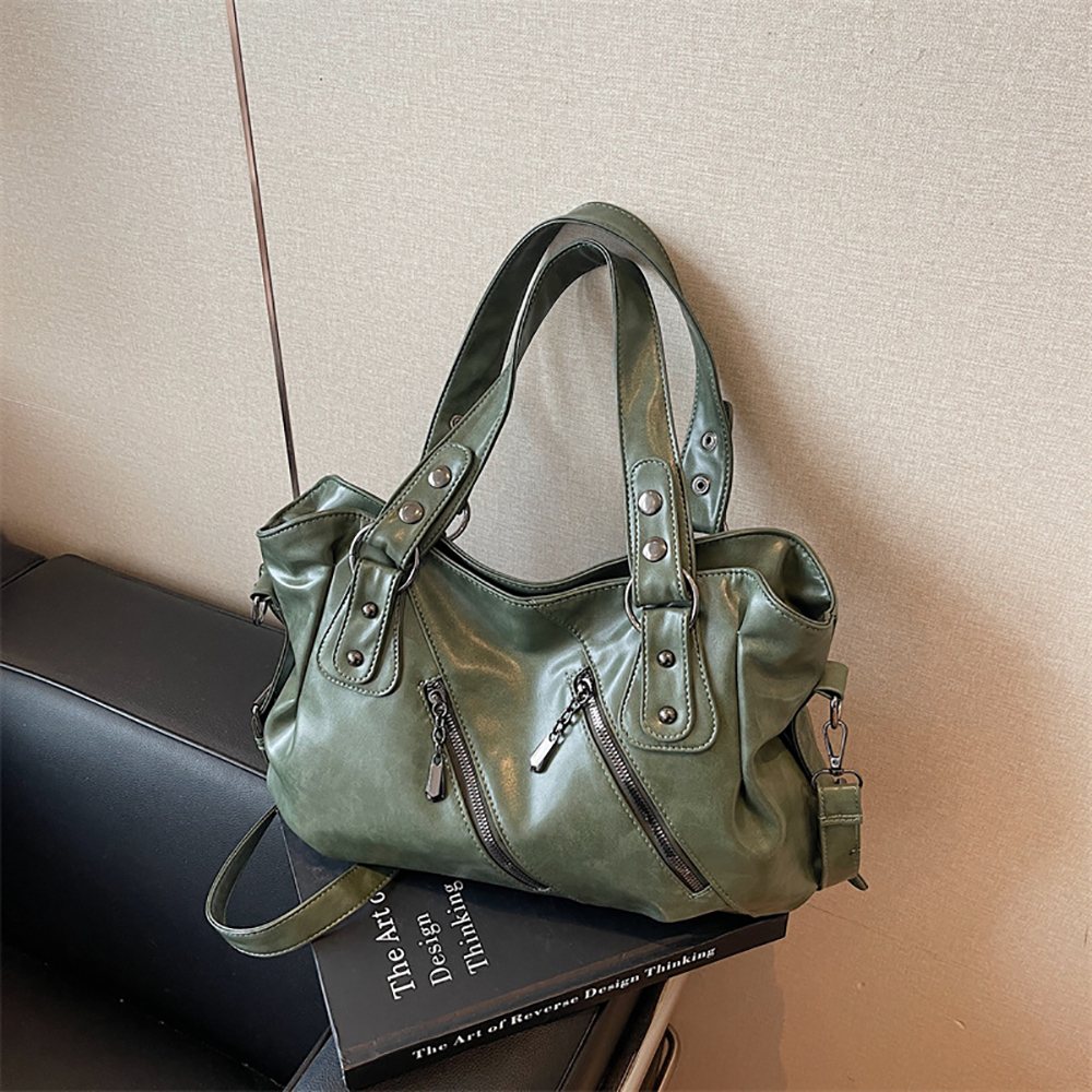 光沢のある PU デザインのリベット ジッパー ワン ショルダー バッグ大容量多用途トート バッグ繊細なソフトオールマッチ クロスボディ パック