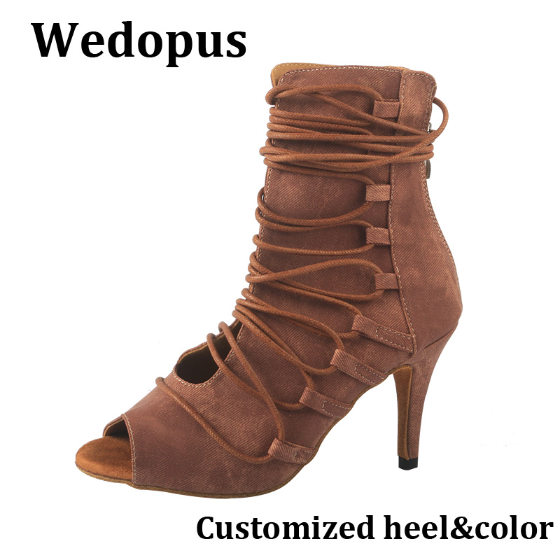 Wedopus カスタマイズされたヒールタンカラーアンクルダンスブーツレースアップ 8.5 センチピープトウ社交ダンスブーツ女性のためのジッパー