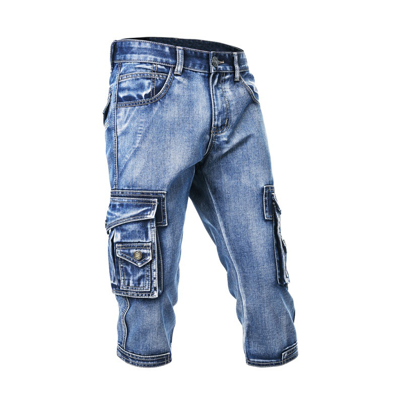 2025 新しい夏の薄いストレッチマルチポケット作業服、スリムフィットデニムショートパンツ、クロップドパンツ、男性用カジュアルジーンズ