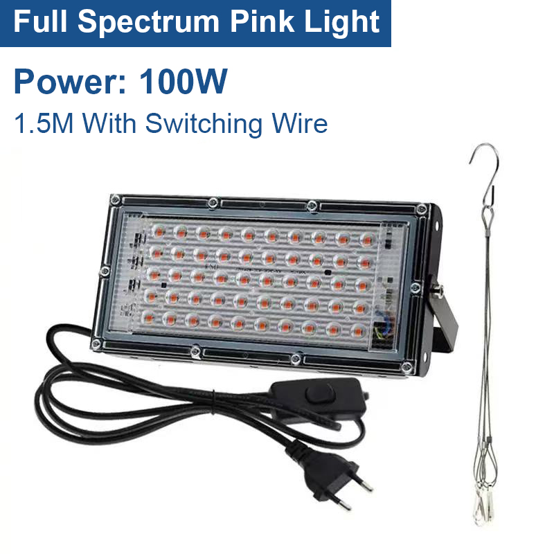 LED植物成長投光器フルスペクトルプラグインスイッチ付き220V 50W 100W温室水耕植物成長ライト。