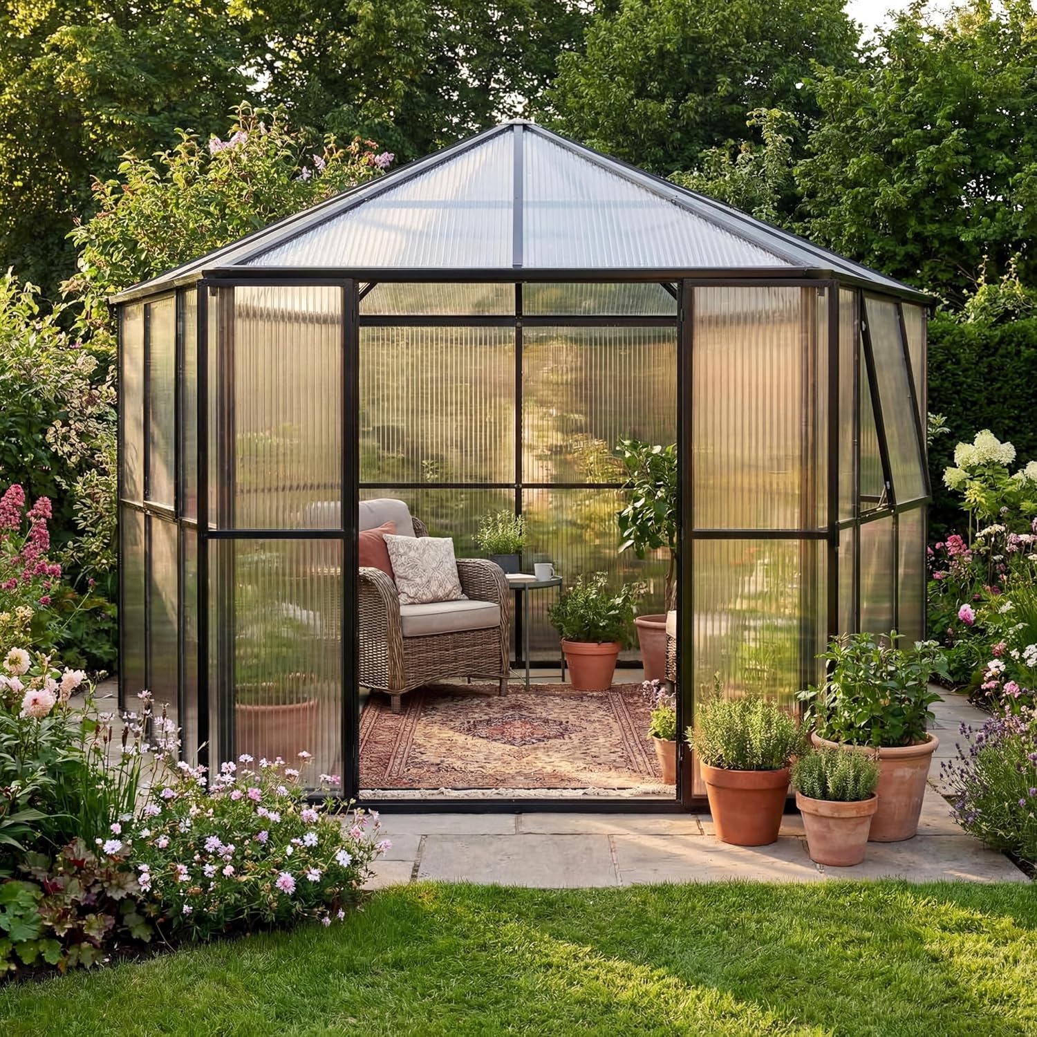 12x10x8FT 六角形ポリカーボネート温室アルミロック可能なドア調節可能なベント裏庭パティオカスタム
