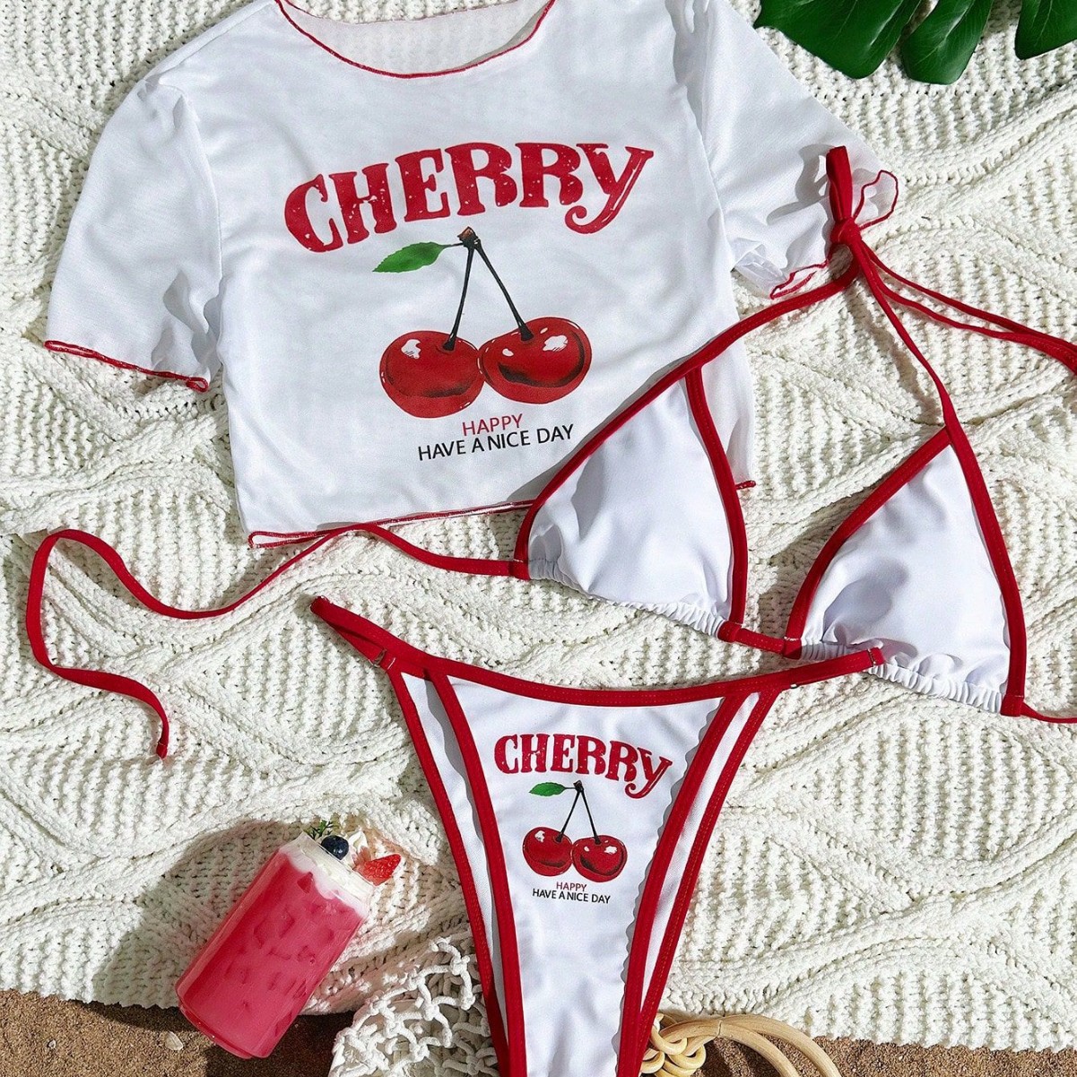 S -XL チェリープリント半袖ビキニ女性水着女性水着 3 ピースビキニセット入浴者水着水泳