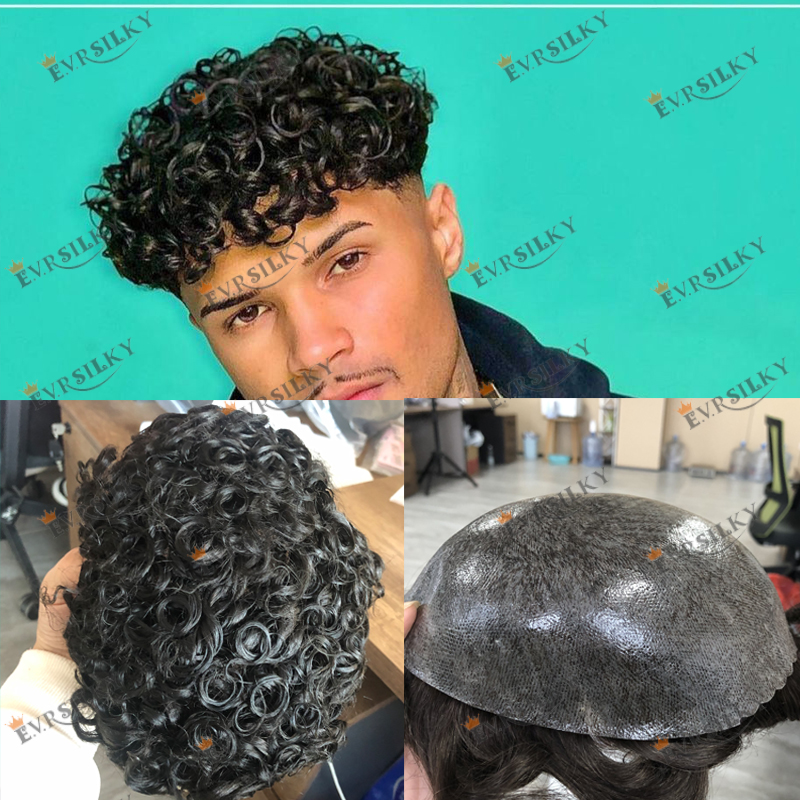 検出不可能な Afo 男ジェットブラック 18 ミリメートルカーリーマイクロスキンベース男性かつらナチュラルヘアライン男のカーリー人毛プロテーゼシステム
