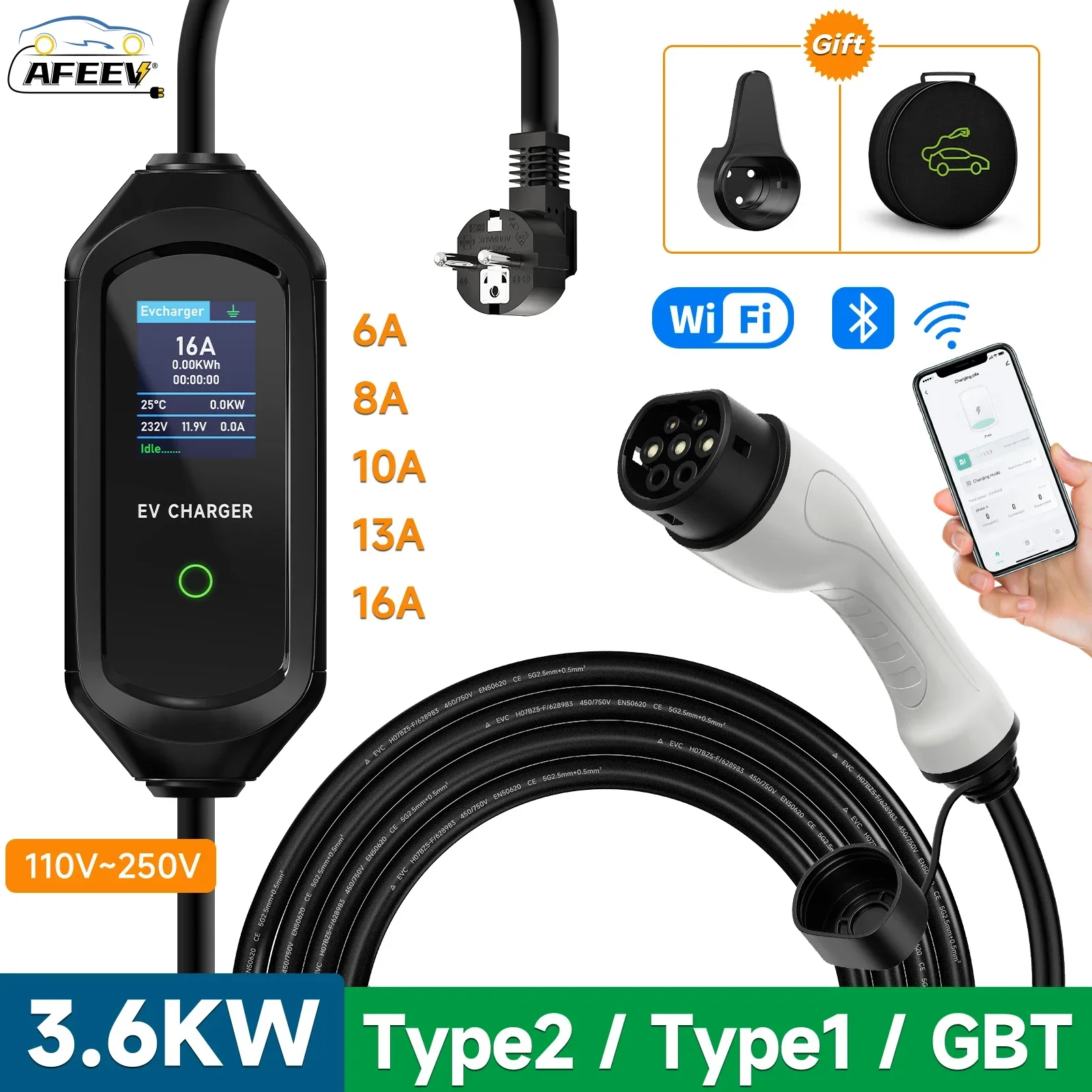 AFEEV 3.6KW ポータブル EV 充電器 16A IEC62196-2 タイプ 2 充電器急速充電充電器タイプ 1 電気自動車の充電器 GB/T ウォールボックス