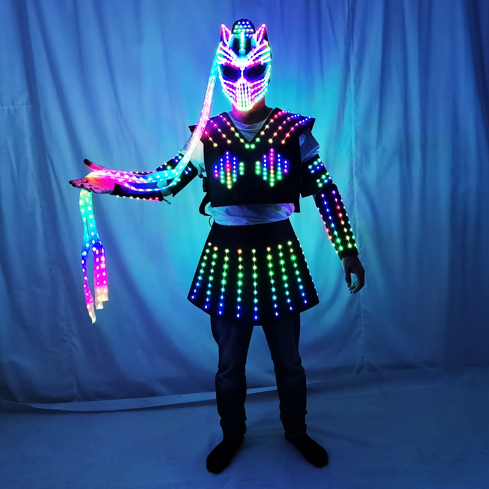 フルカラー女性用 LED ロボット スーツ コスチューム Traje LED ライト発光スカート ドレス ジャケット パフォーマンスウェア ヘルメット