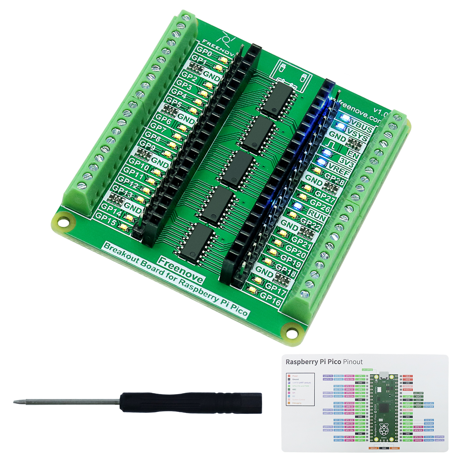 Freenove ブレークアウトボード Raspberry Pi Pico 1 2 WH WH 用、ピンヘッダー付き端子ブロックシールド HAT、GPIO ステータス LED