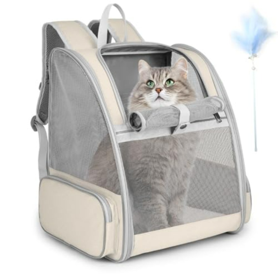 猫用バックパックキャリア、子猫の杖の羽根おもちゃ付き大型ペットキャリアバックパック、中型小型犬、猫、子犬、キティバニーまで対応