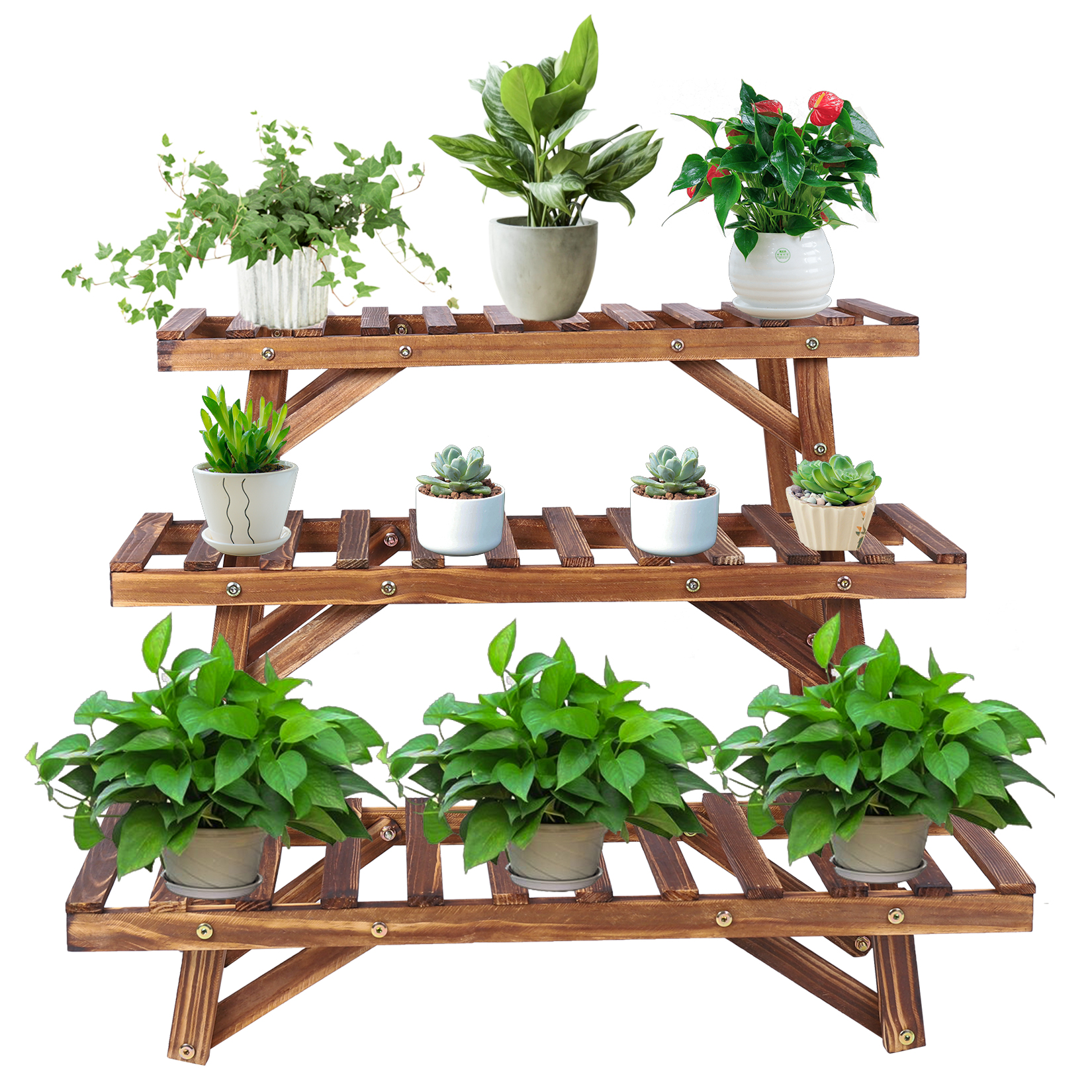 3 段木製植物ディスプレイラックスタンド階段状ガーデンコーナー植木鉢ホルダー