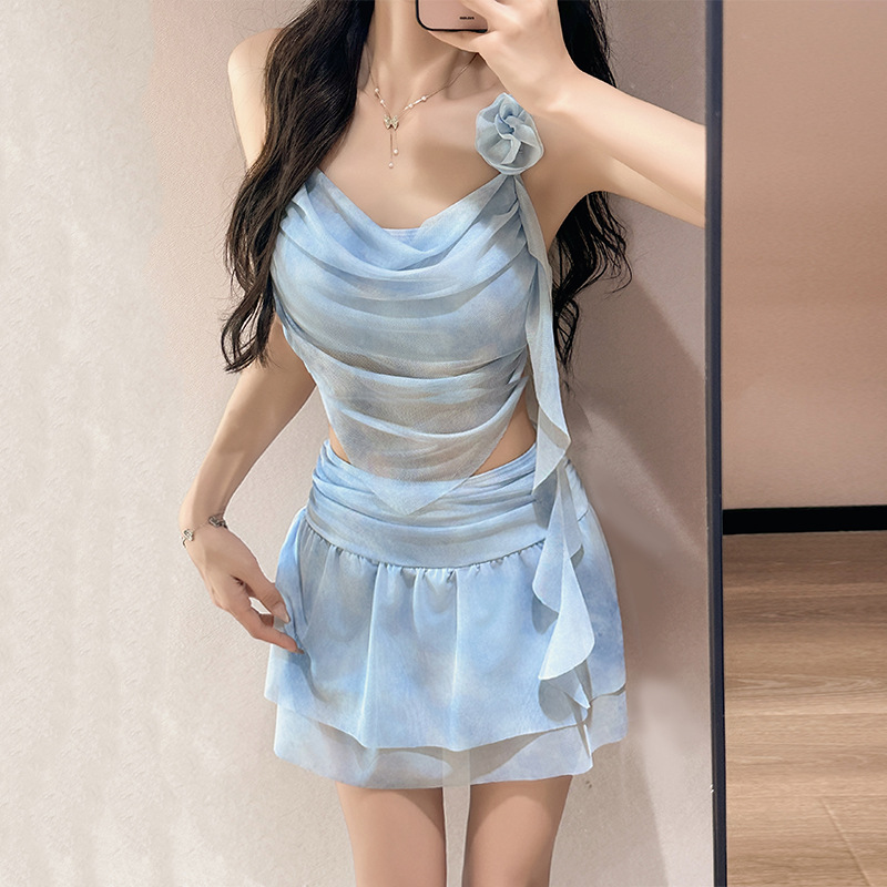 セクシーな 3D 花韓国ファッションしわタイダイプリントベスト水着 2 枚ミニスカートキュロットビキニセット甘い biquini