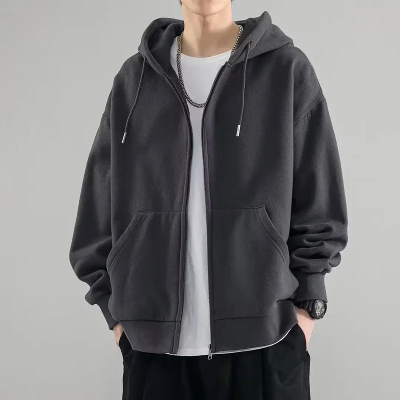 男性服黒固体スウェットシャツ男性フルジップアップフード付きパーカー冬若い販売提供高品質韓国スタイル S