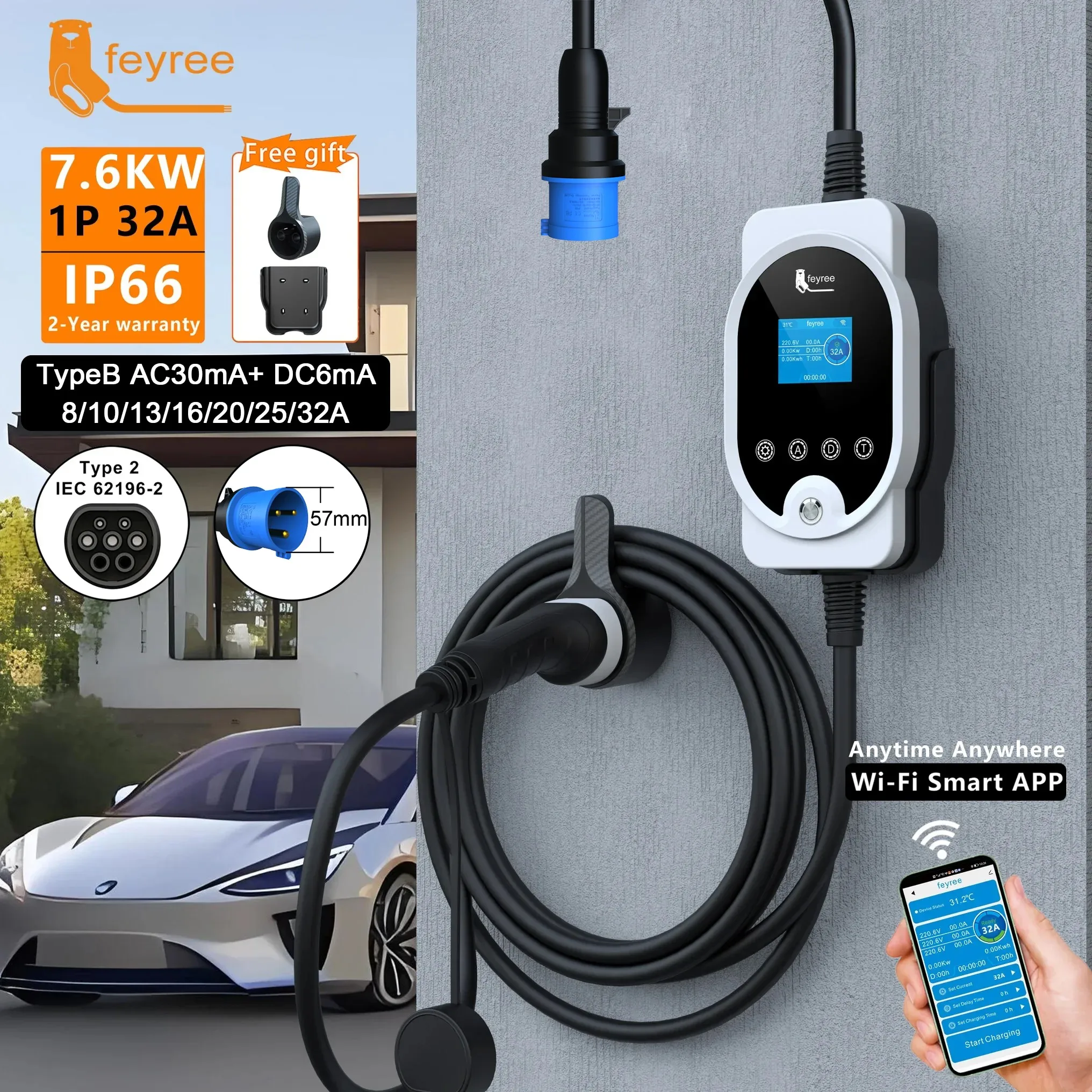 feyree EVSE Wallbox Type2 EV 充電器 7KW 32A 1P 急速充電アプリ Wi-Fi コントロール設定電流