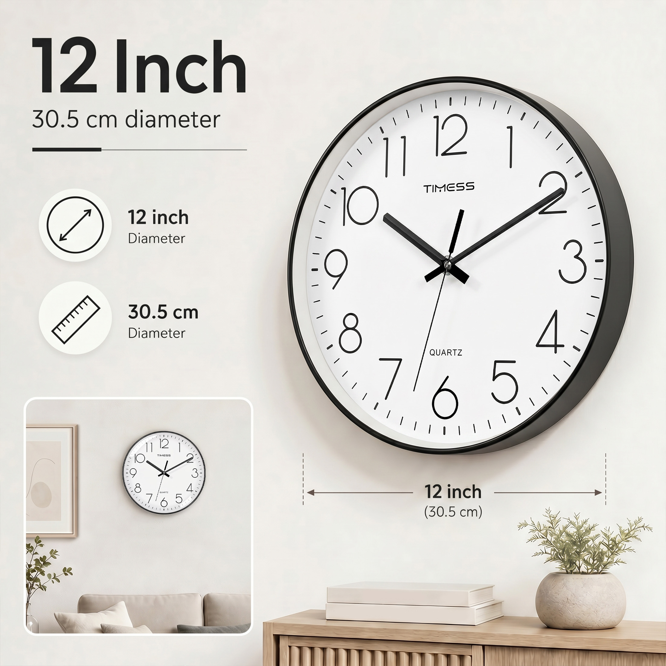 TIMESS 12 インチサイレント壁時計 3D 数字付き、電池式アナログ壁時計、リビングルーム、ベッドルーム、オフィス、教室の装飾用