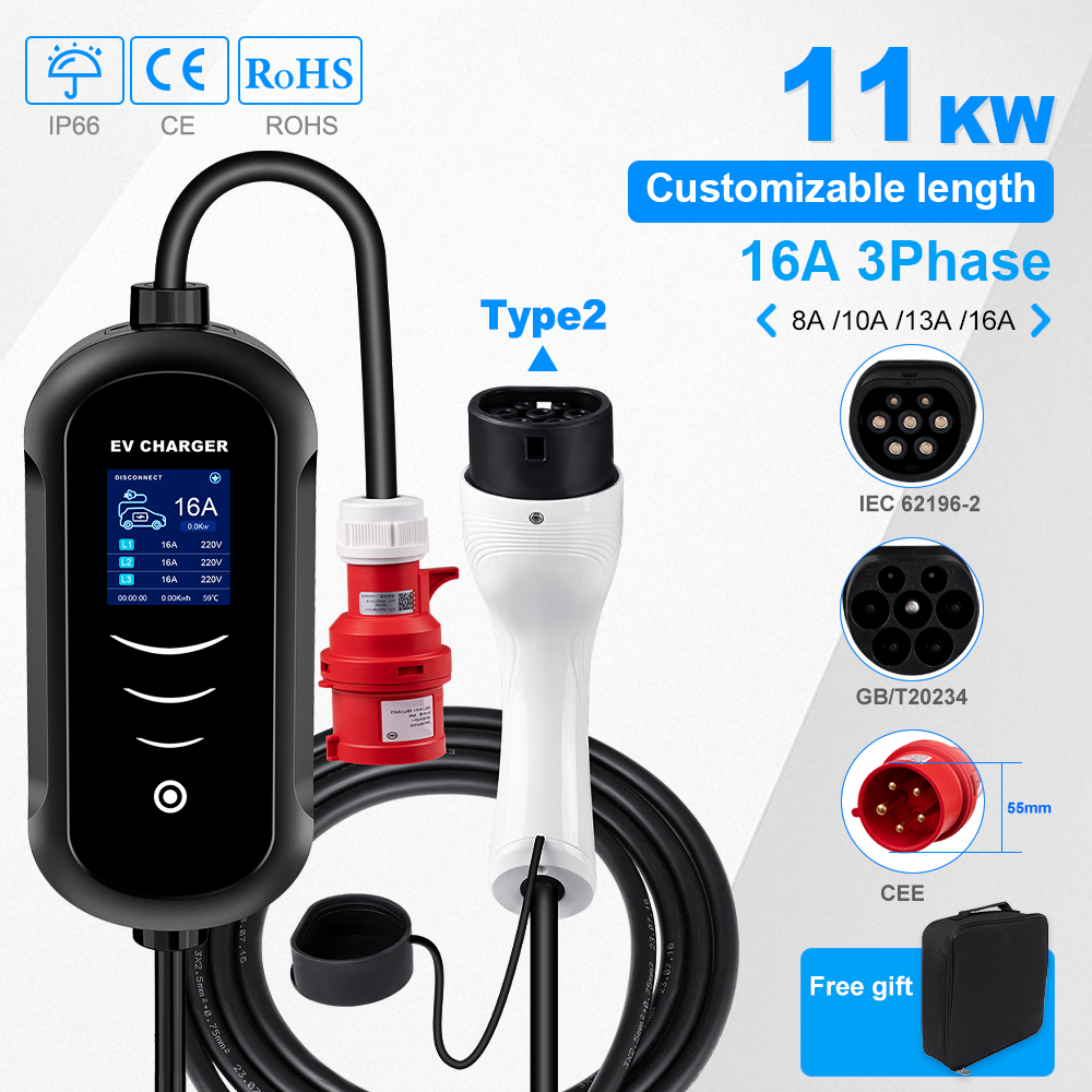 11KW Type2 ポータブル EV 充電器 16A EVSE 充電ボックス電気自動車の充電器 CEE プラグ IEC62196-2 電気自動車の充電器 5 メートル 10 メートル