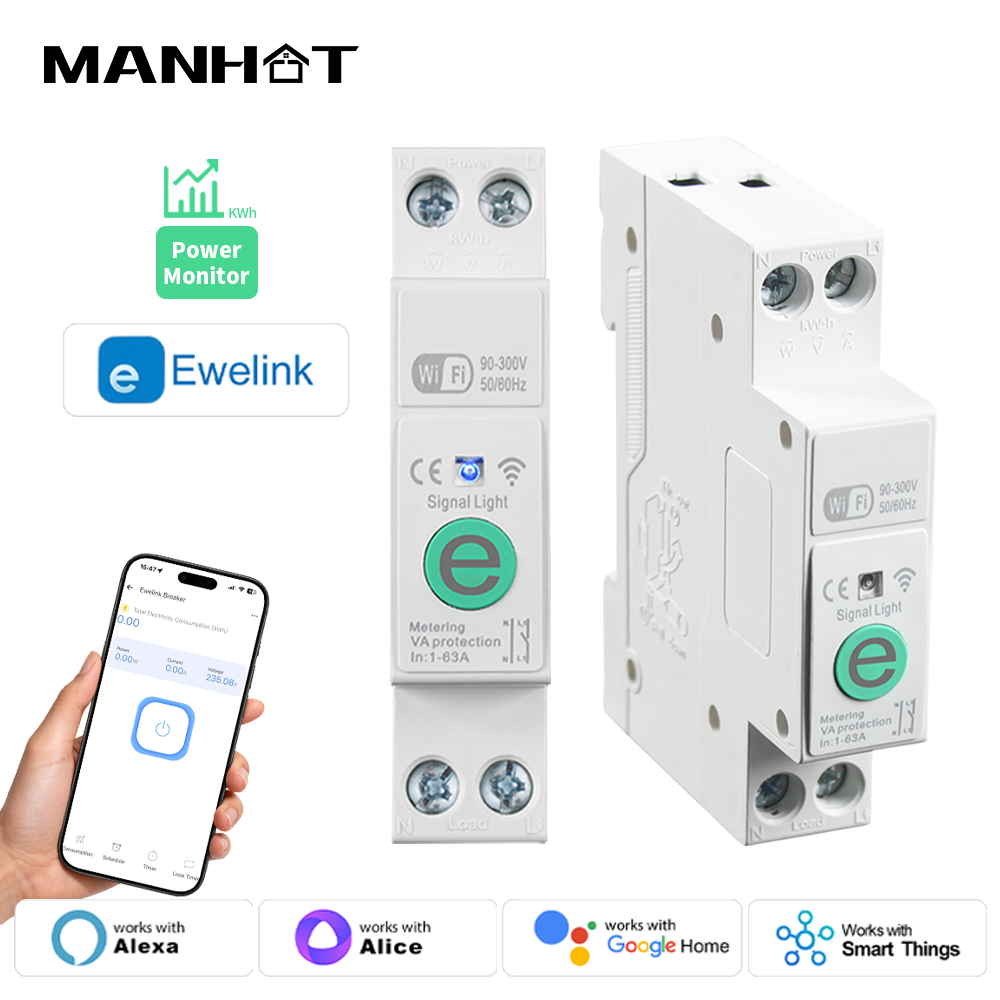 Ewelink WIFI スマートサーキットブレーカー 1-63A 調整可能なエネルギー監視 kWh 電圧電流計プロテクターワイヤレスリモートスイッチ