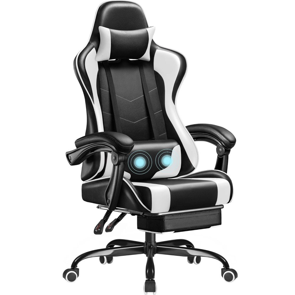 ゲームチェア、フットレストとマッサージランバーサポート付きビデオゲームチェア、人間工学に基づいたコンピュータチェア高さ調節可能、カスタマイズ