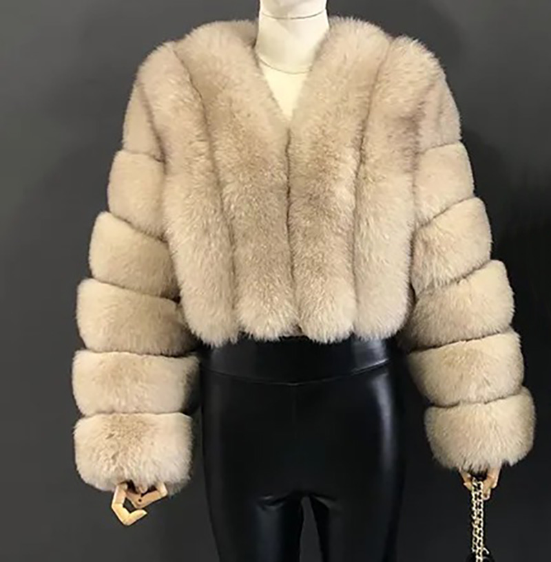 Faux Fox Fur Coat V-Neck Winter Woman Solid Long Sleeve Thick Warm Winter Short Coat Women Fashion Luxury New Fur Jacket