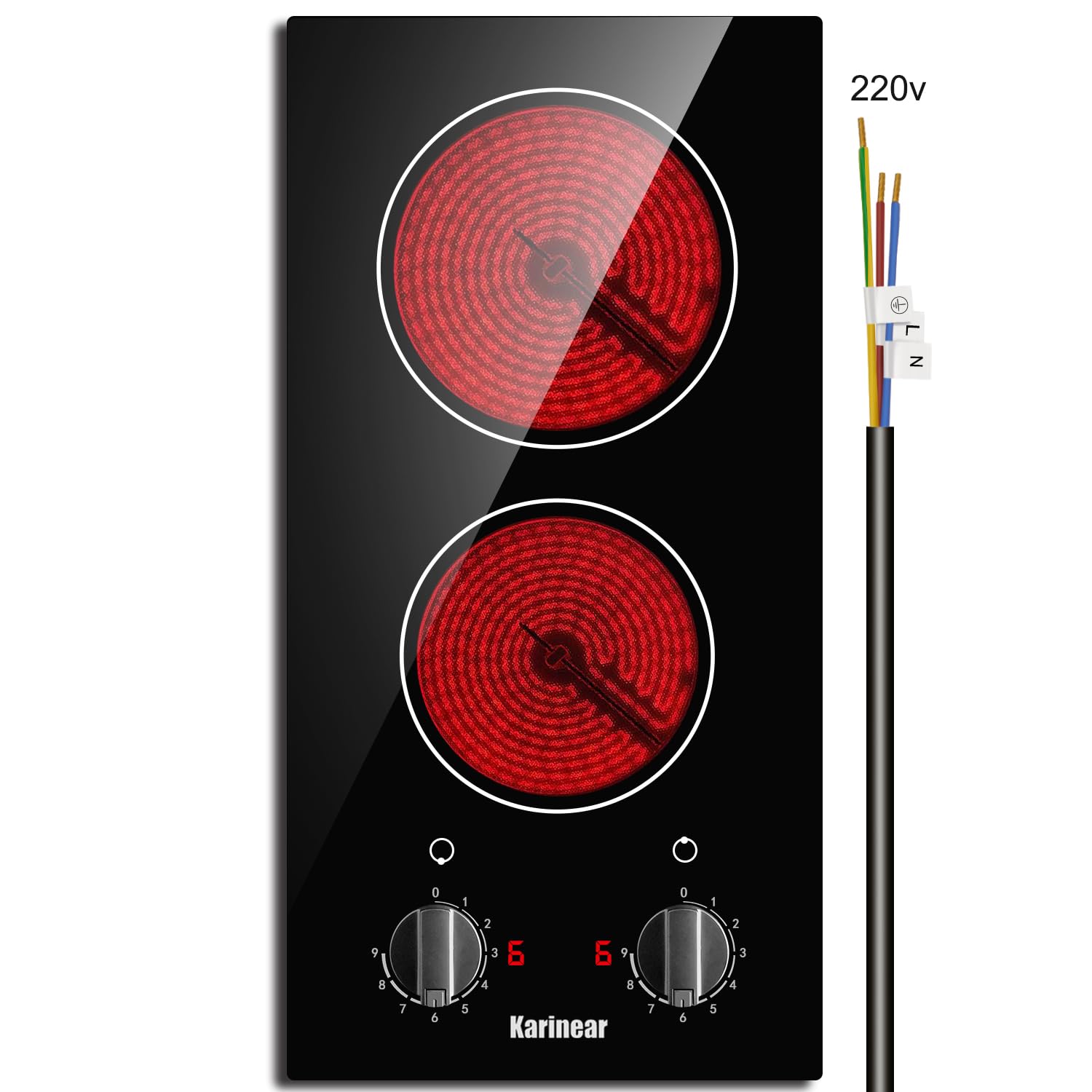 Karinear 2 バーナー電気クックトップ 12 インチ内蔵電気ストーブトップ、220v-240v 放射クックトップ、残留熱インジケーター、ノブコントロール、過熱保護、ハードワイヤー (プラグなし)