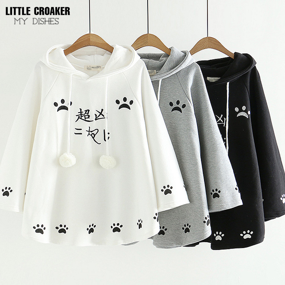 ファッションかわいい猫耳フード付きポンチョ女性日本のかわいい足女の子カジュアルプルオーバー原宿マントフリースルーズフード付きケープコート