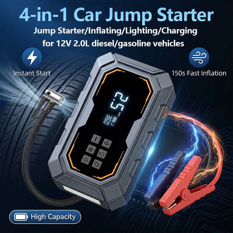 4 で 1 車のジャンプスターター Led 照明エアコンプレッサータイヤポンプ電源銀行ポータブル 12V バッテリー始動車のバッテリー充電器